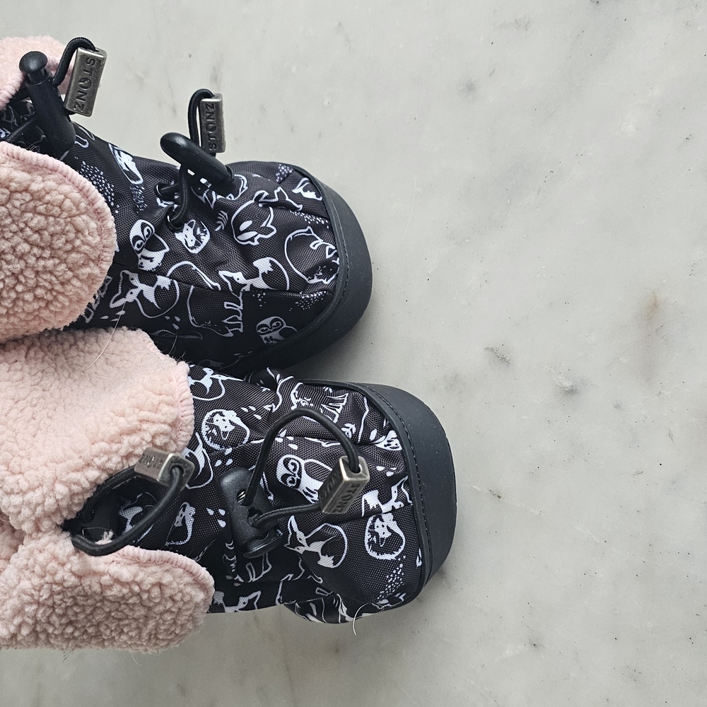 Black and Pink Winter Boots with Cat Print